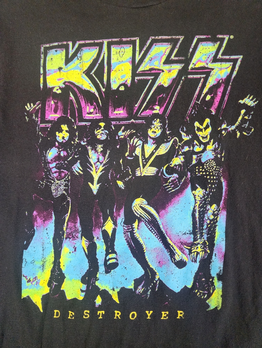 KISS Destroyer Graphic Tee - Black with Neon Print Retro Band Tee - Picture 2 of 7